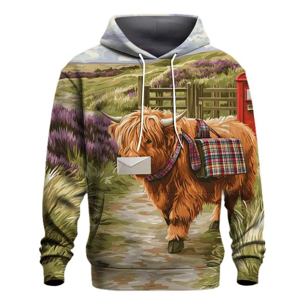 Highland Cow Mail Carrier On The Moor printed hoodies