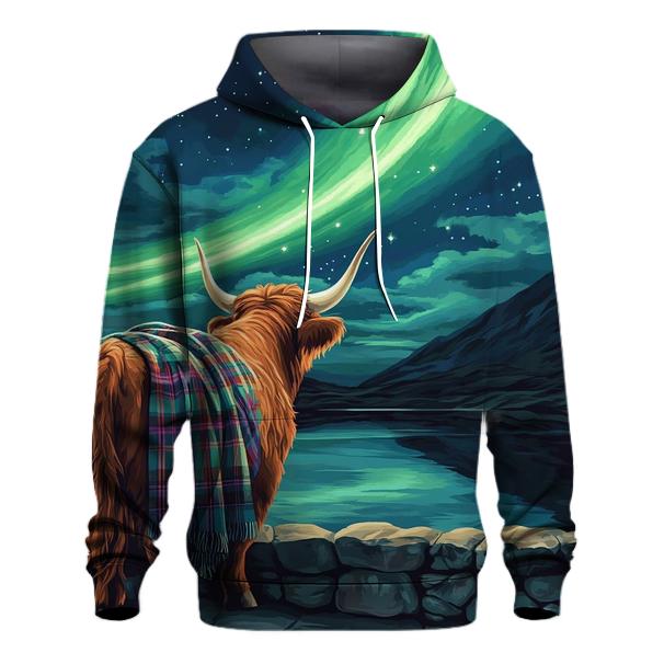 Highland Cow Under The Aurora Glen lightweight hoodies