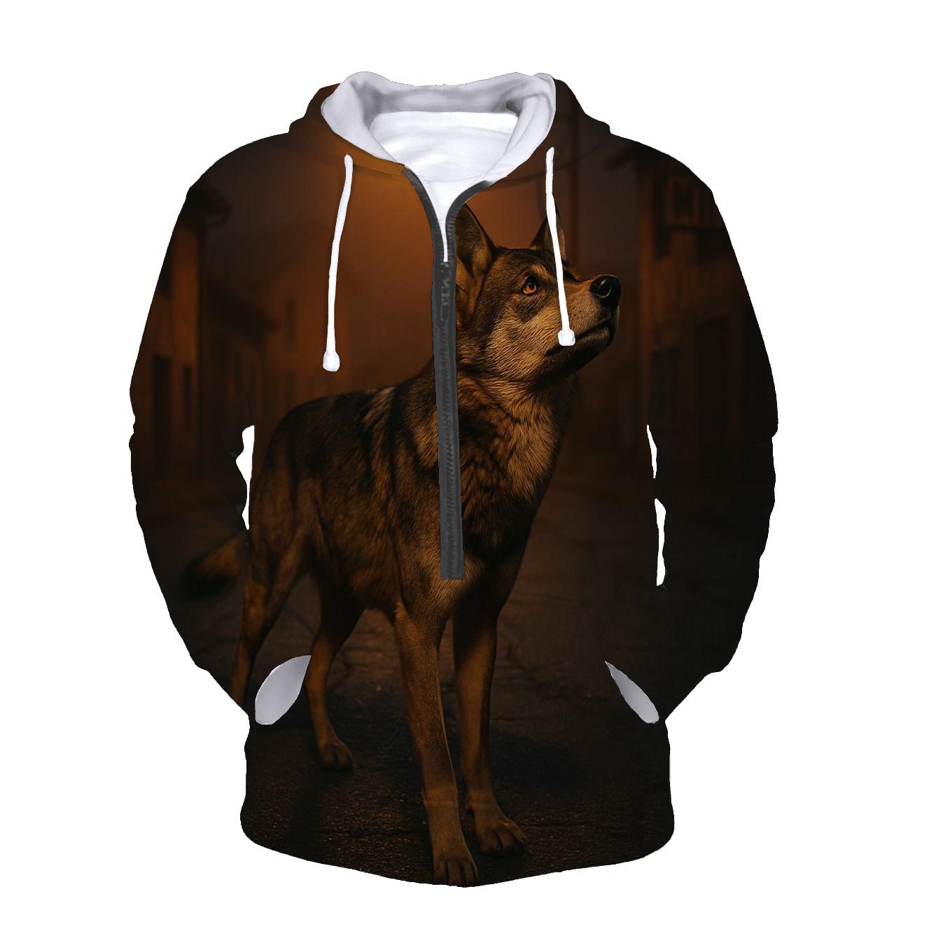Iberian Wolf Under Sodium Streetlights zip-up hoodies