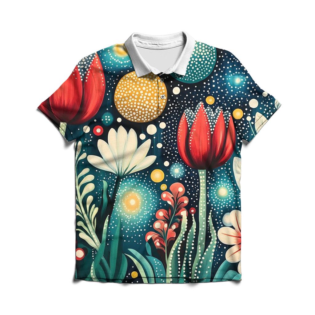 Yayoi Kusama Inspired Cosmic Garden Of Polka Dot Planets branded logo polo shirts