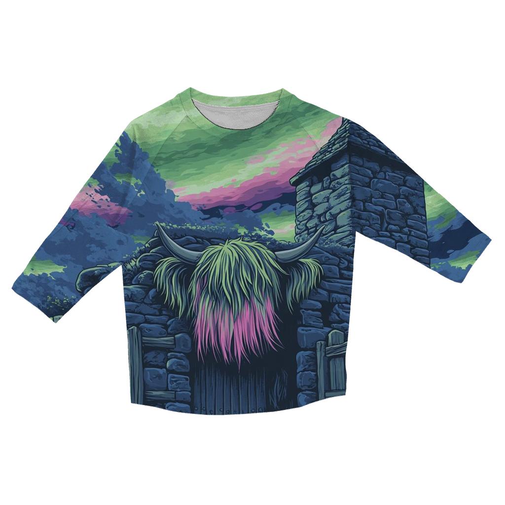 Aurora Dance Over The Rustic Highland Cow Byre personalized 3/4 sleeve tees