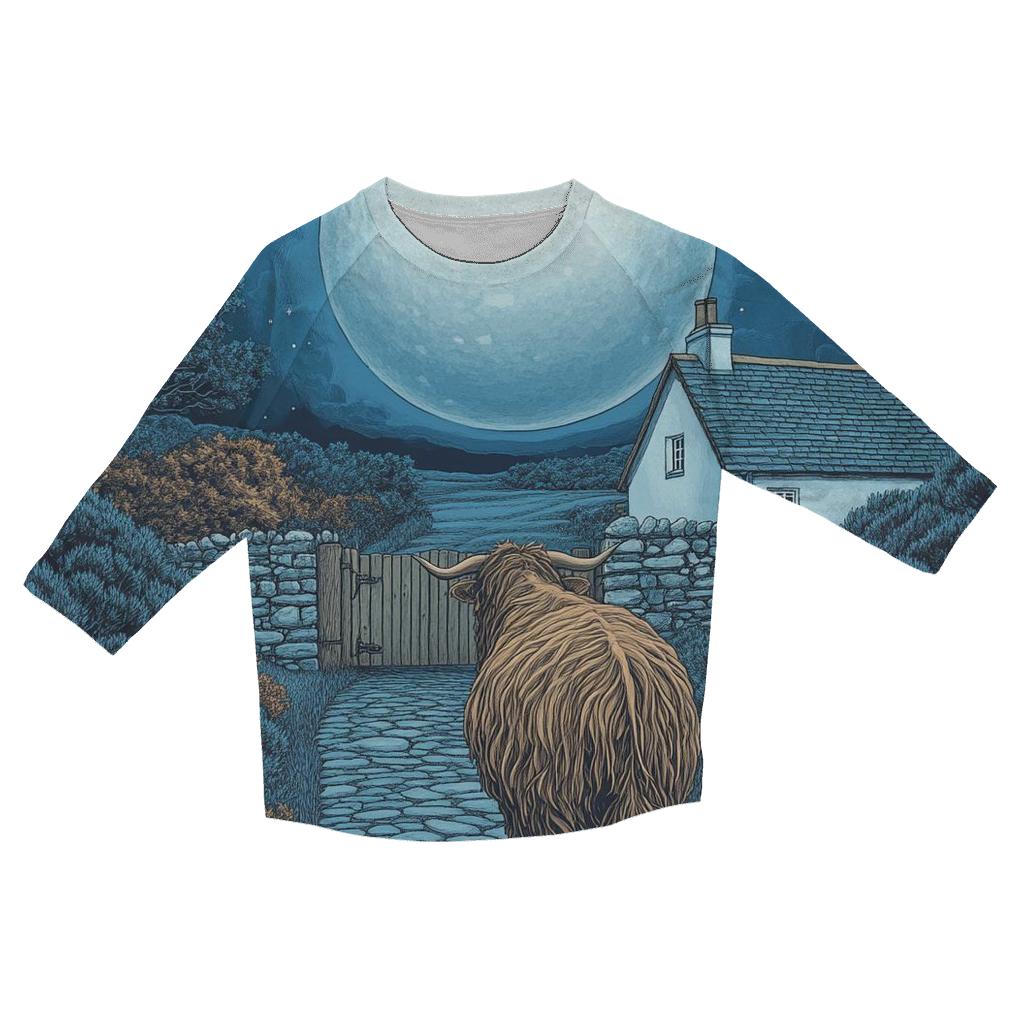 Moonlit Croft Path Highland Cow designer 3/4 sleeve blouses