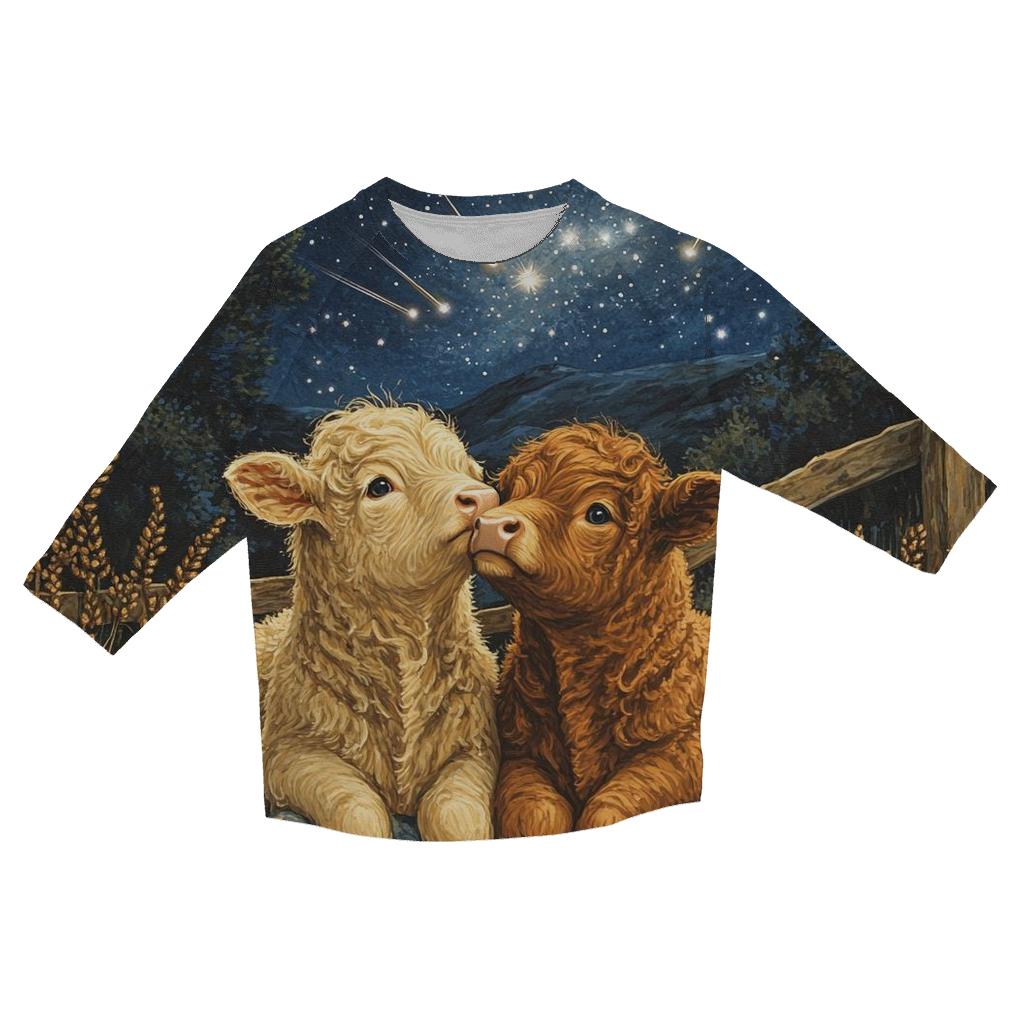 Meteor Shower Over Highland Cow Calves trendy 3/4 sleeve tops