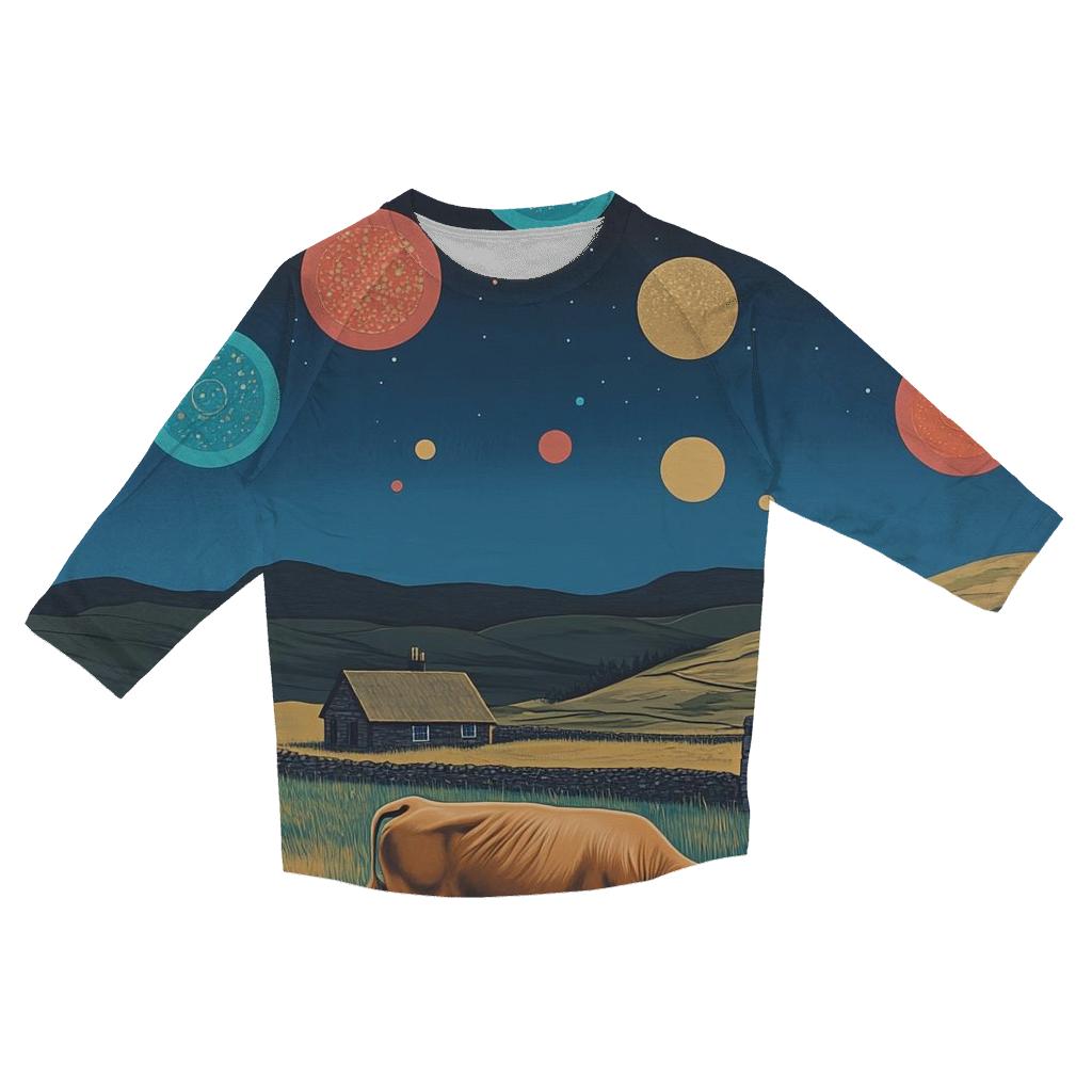 Planetary Meadow With Highland Cow Grazing personalized 3/4 sleeve tees