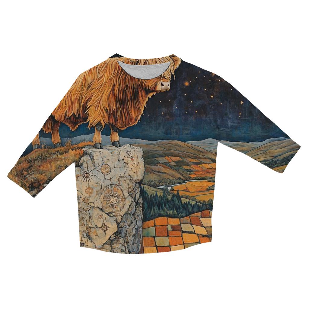 Highland Cow On The Comet Stone Outcrop printed three quarter sleeve shirts
