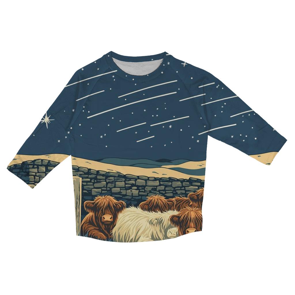 Satellite Trails Over The Highland Cow Fold trendy 3/4 sleeve tops