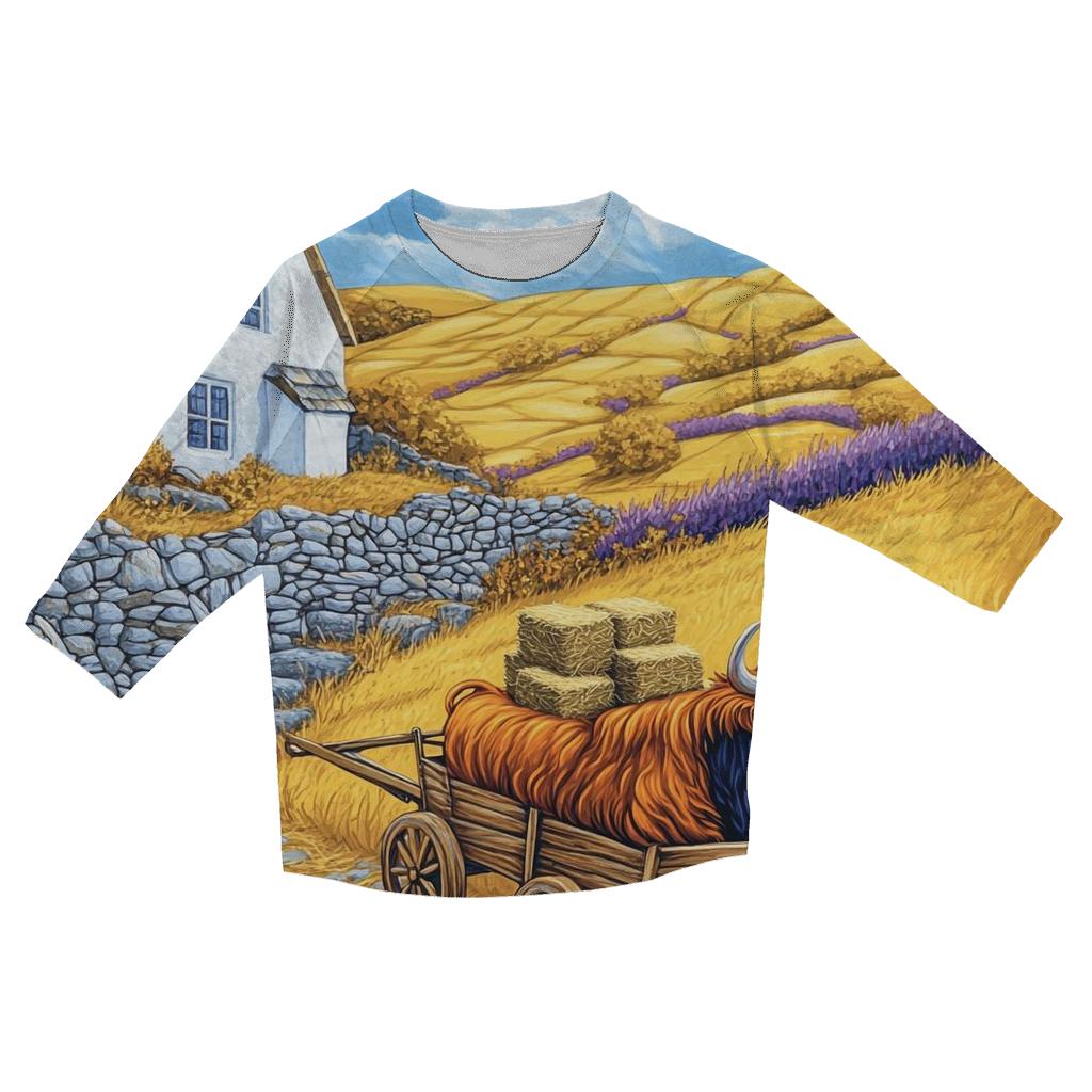 Highland Cow Harvest On The Golden Hill printed three quarter sleeve shirts