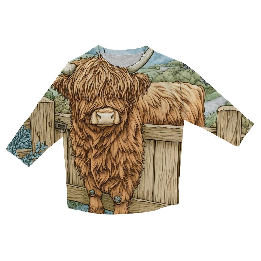 Morning Mist With A Highland Cow At The Gate printed three quarter sleeve shirts