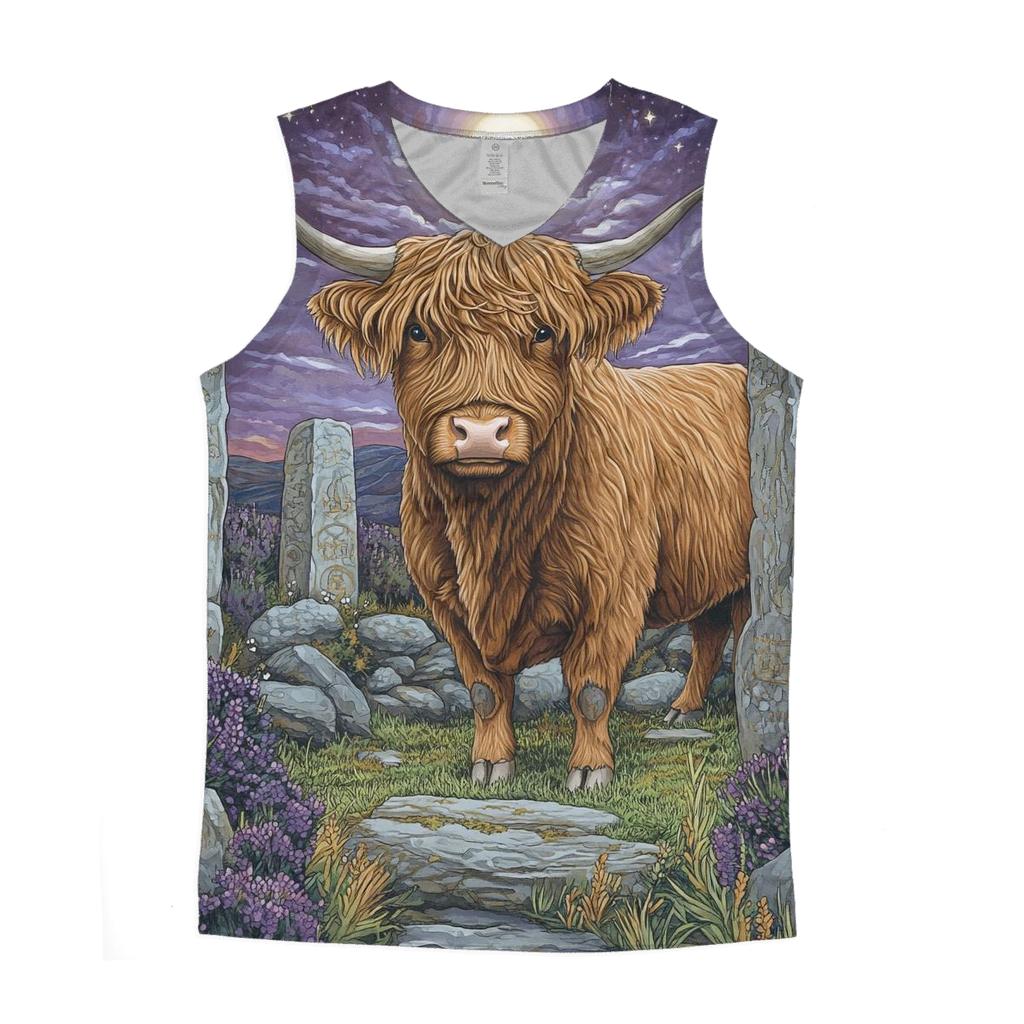 Stone Circle At Dusk With Highland Cow trendy fitted tank tops
