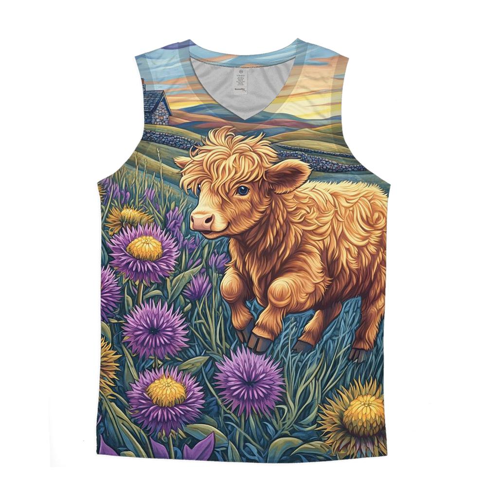 Highland Cow Among The Comet Thistles custom tank tops