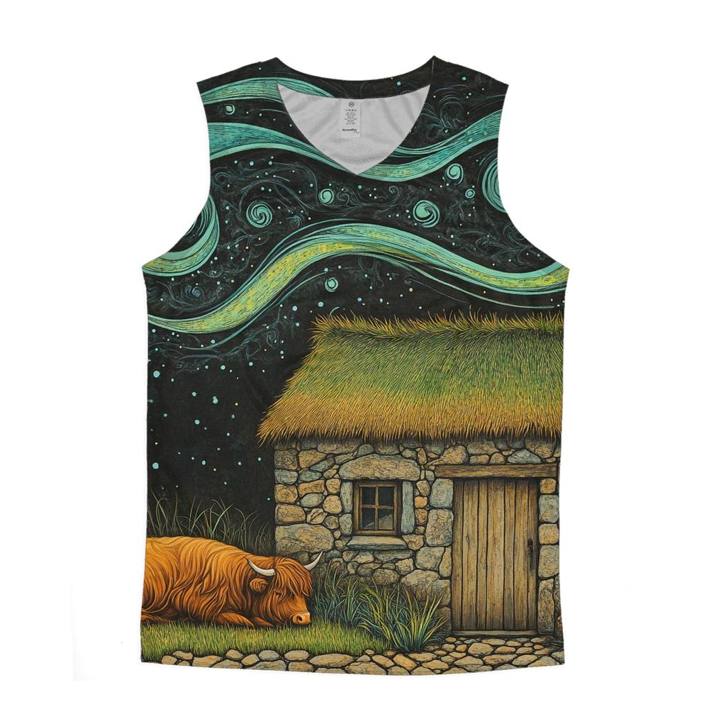 Solar Wind Over The Highland Cow Byre Roof graphic print tank tops