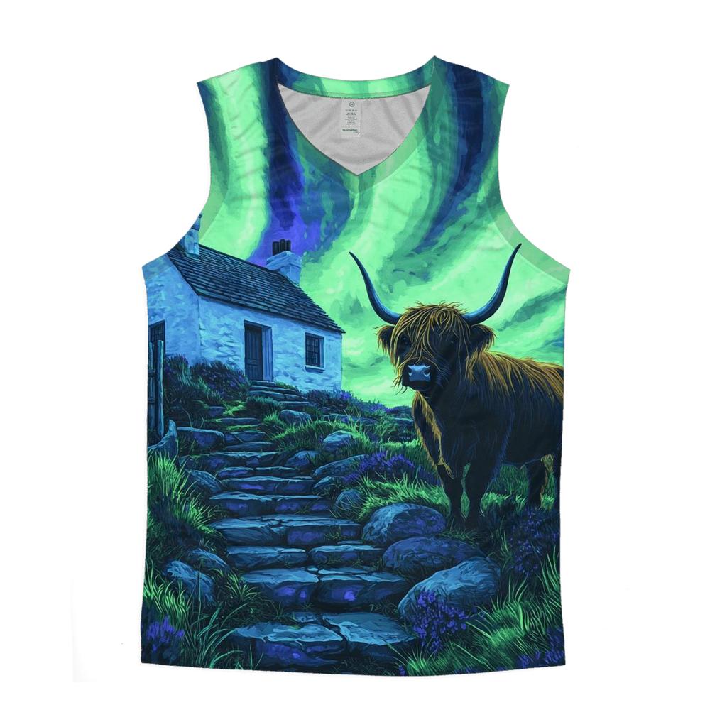 Northern Lights Cottage With Highland Cow Guard custom tank tops
