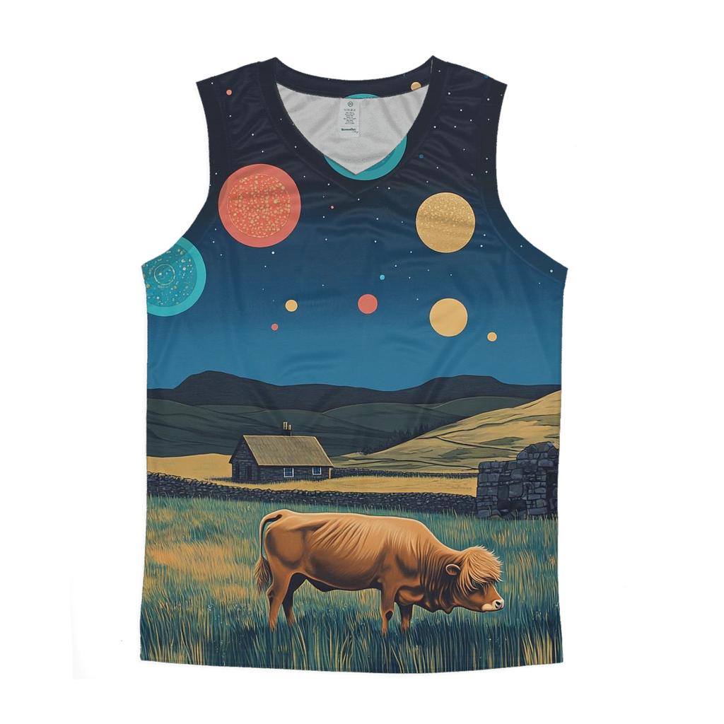 Planetary Meadow With Highland Cow Grazing casual summer tank tops