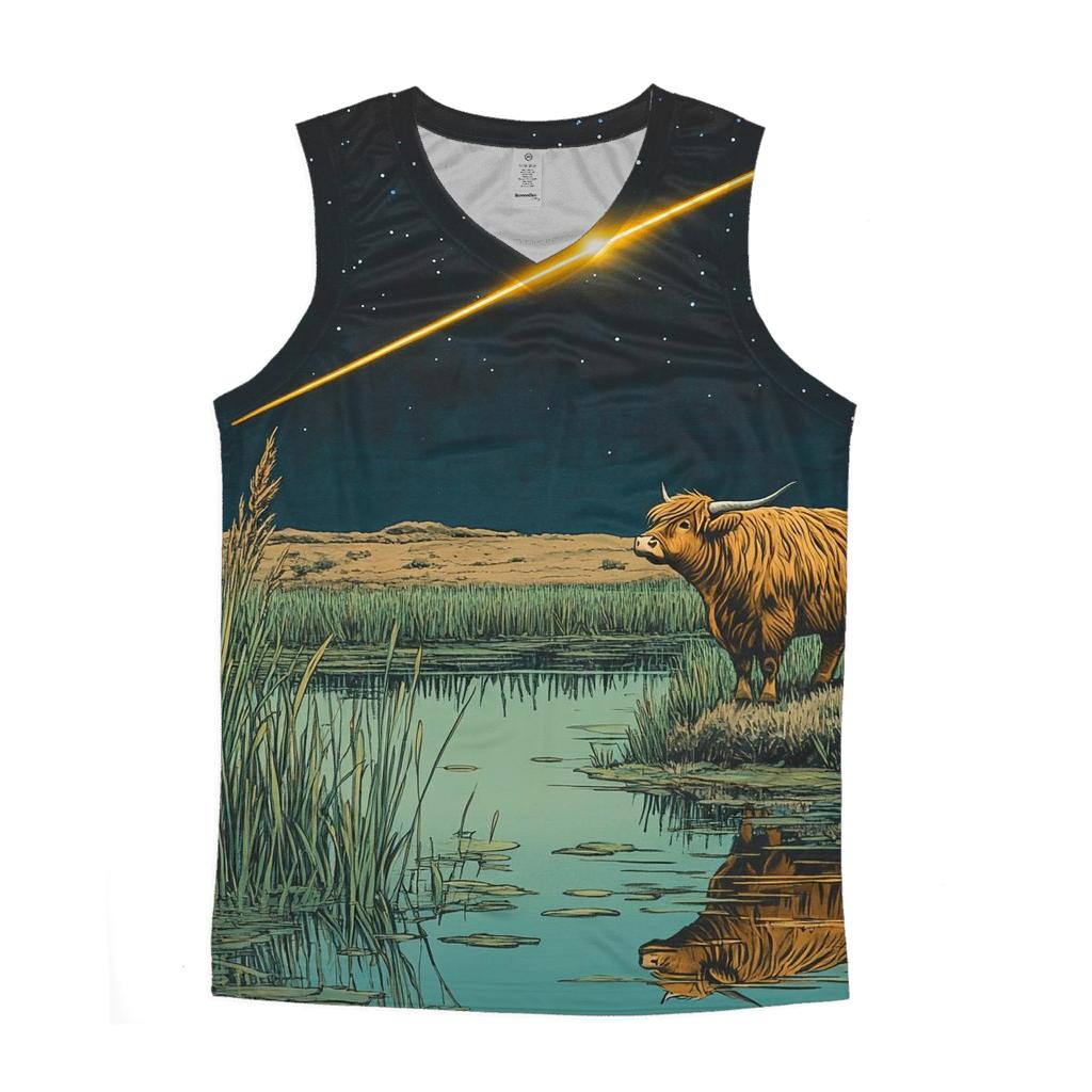 Meteor Path Across The Highland Cow Marsh graphic print tank tops
