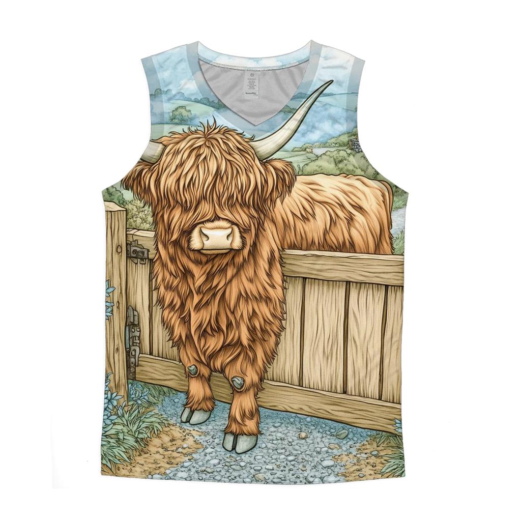 Morning Mist With A Highland Cow At The Gate sports performance tank tops