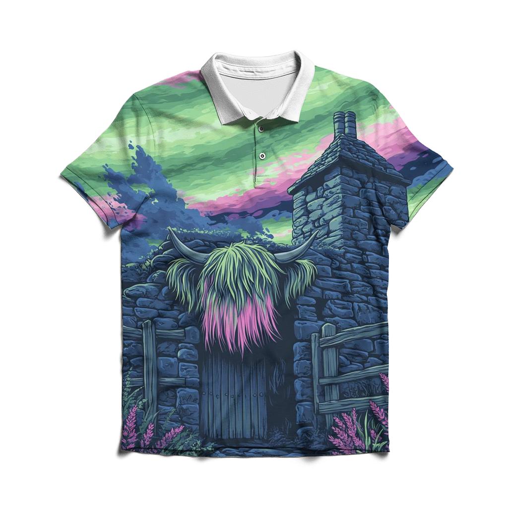 Aurora Dance Over The Rustic Highland Cow Byre casual sports polo shirts