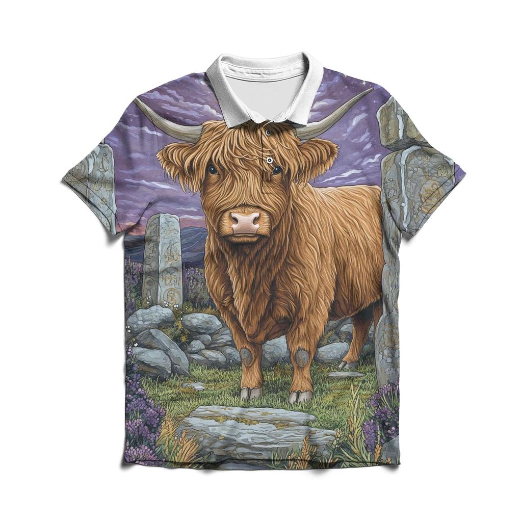 Stone Circle At Dusk With Highland Cow designer slim fit polos