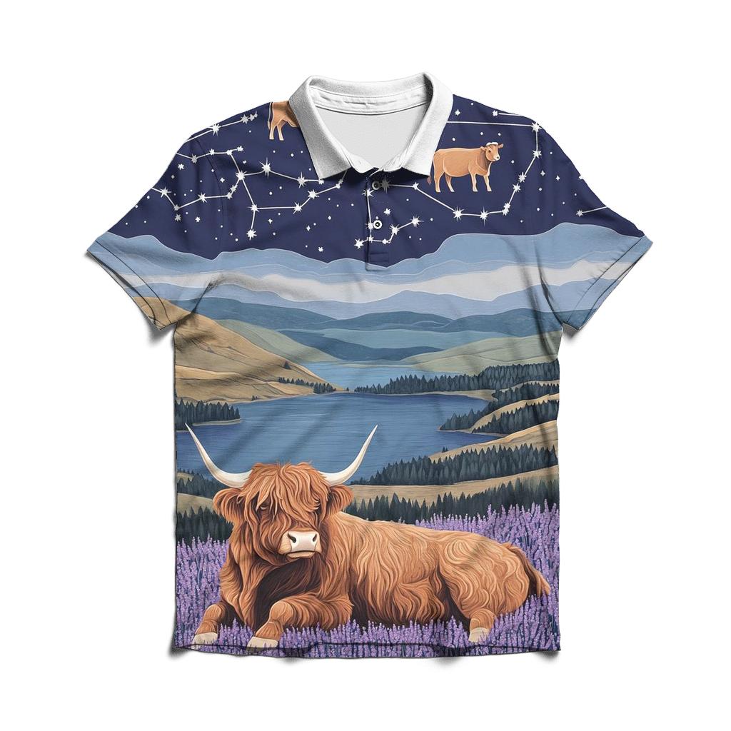Heather Ridge With Highland Cow Constellations custom polo shirts