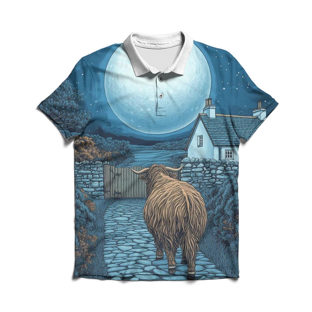 Moonlit Croft Path Highland Cow stylish collar polo tees