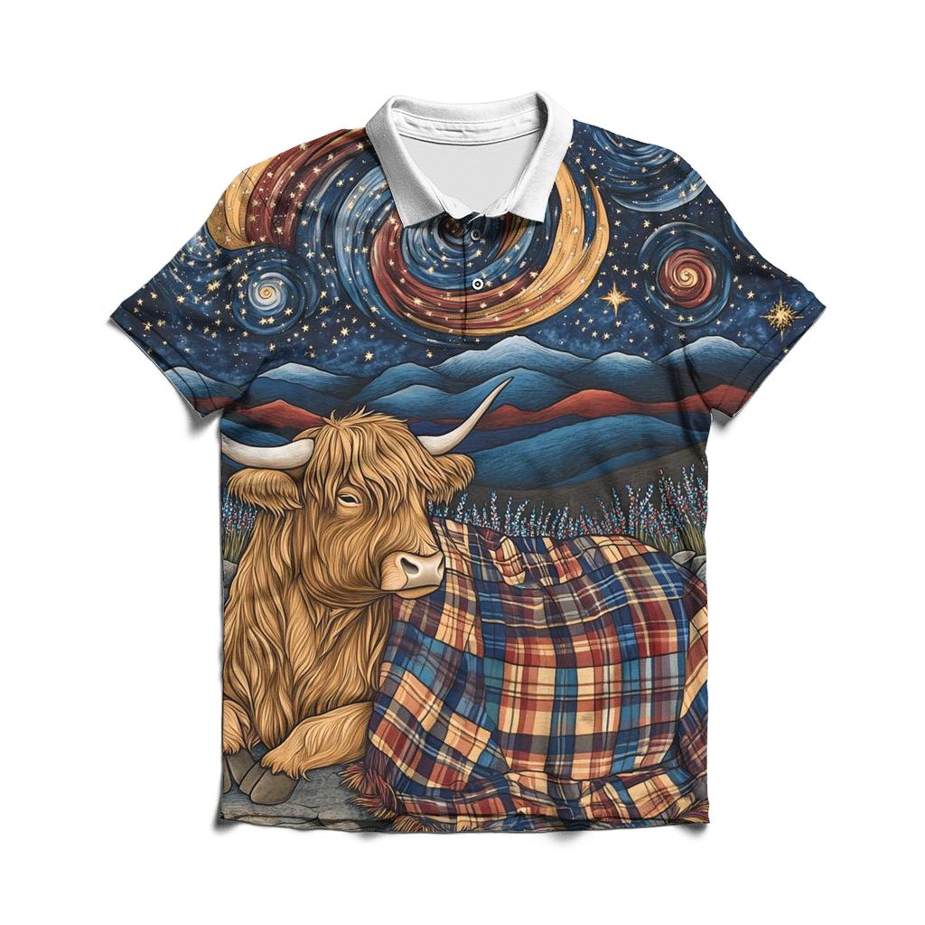 Galactic Tartan Blanket For A Highland Cow branded logo polo shirts