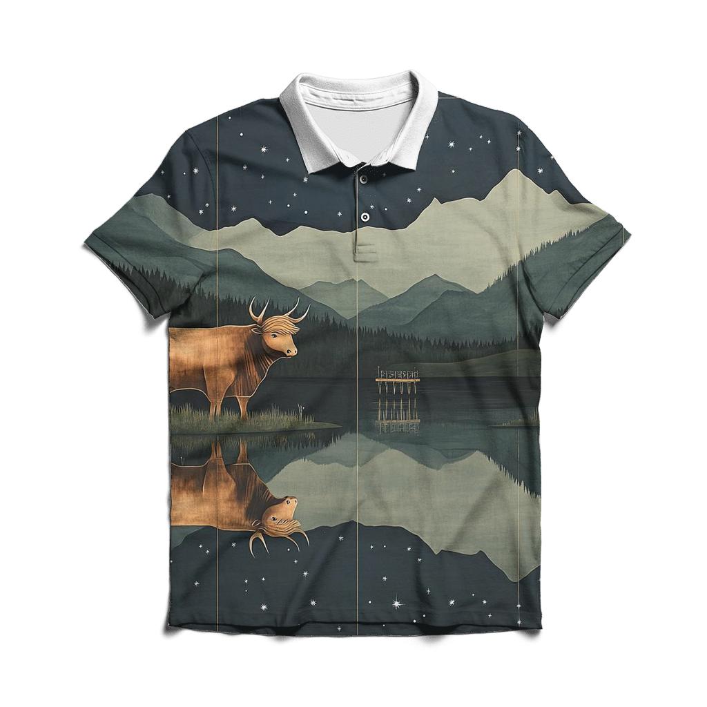 Highland Cow Reflections In The Star Loch embroidered polo tops