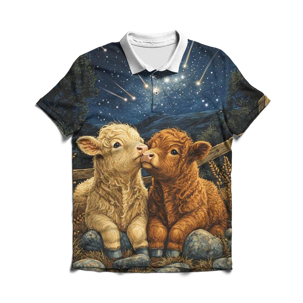 Meteor Shower Over Highland Cow Calves designer slim fit polos