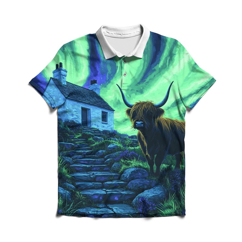 Northern Lights Cottage With Highland Cow Guard casual sports polo shirts