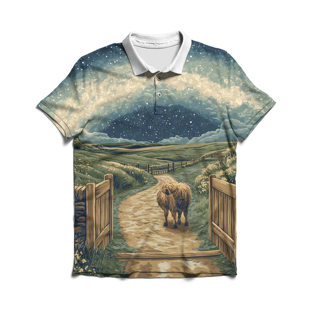 Highland Cow At The Milky Way Gate designer slim fit polos