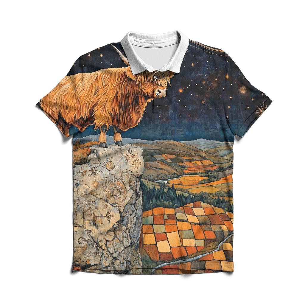 Highland Cow On The Comet Stone Outcrop designer slim fit polos