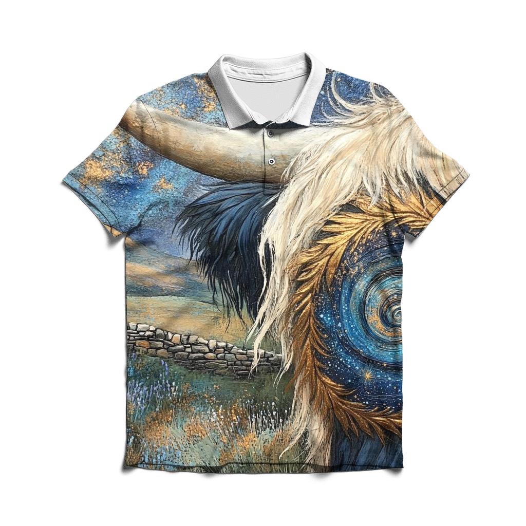 Galaxy Swirl In A Highland Cow Horn Pattern custom polo shirts