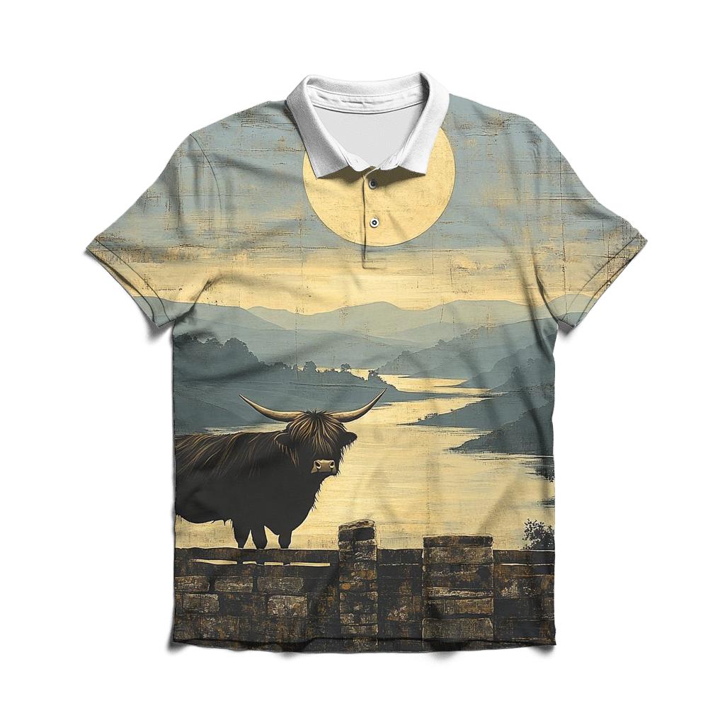 Highland Cow Dawn Eclipse Over The Glen designer slim fit polos