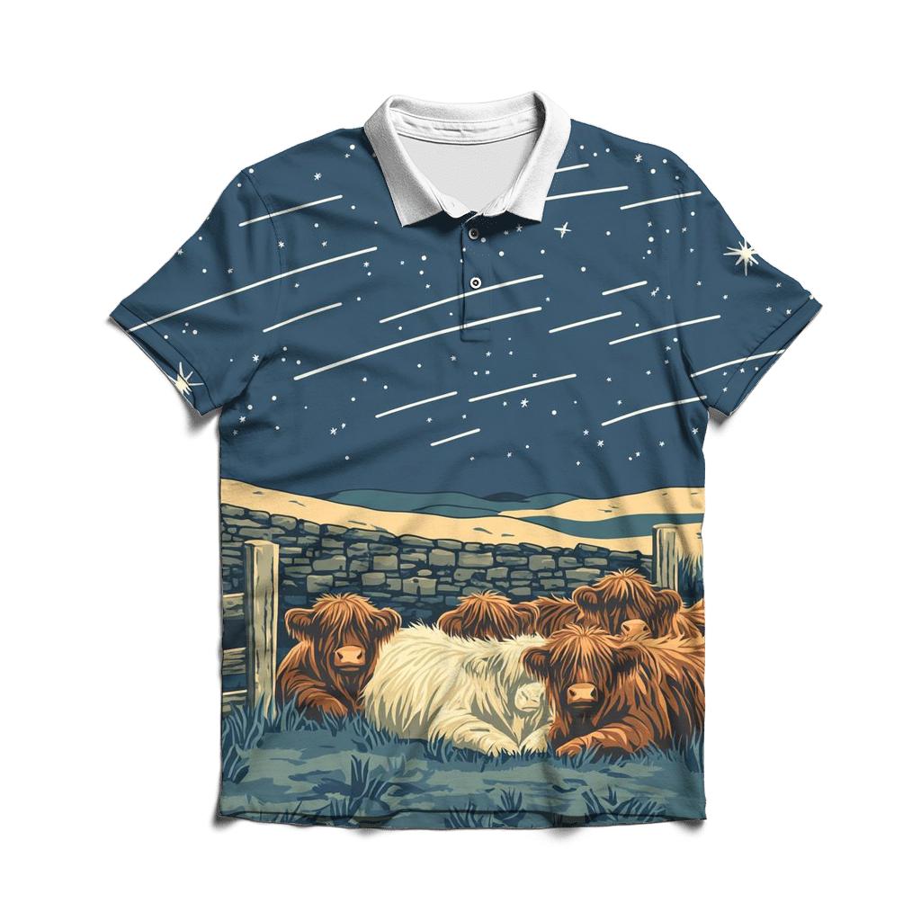 Satellite Trails Over The Highland Cow Fold embroidered polo tops