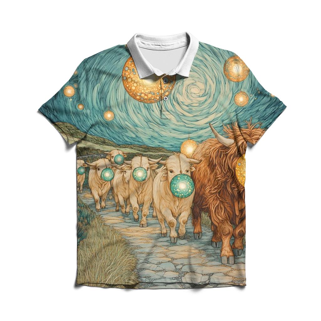 Highland Cow Lantern Parade Under The Star Dome premium cotton polo shirts