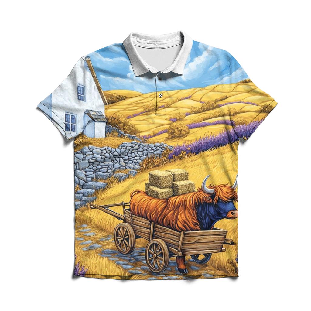 Highland Cow Harvest On The Golden Hill designer slim fit polos