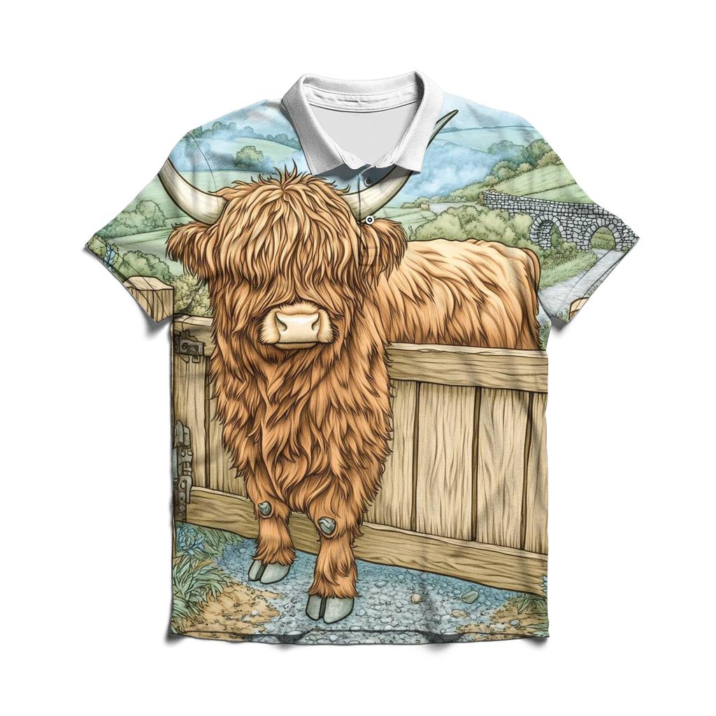 Morning Mist With A Highland Cow At The Gate stylish collar polo tees