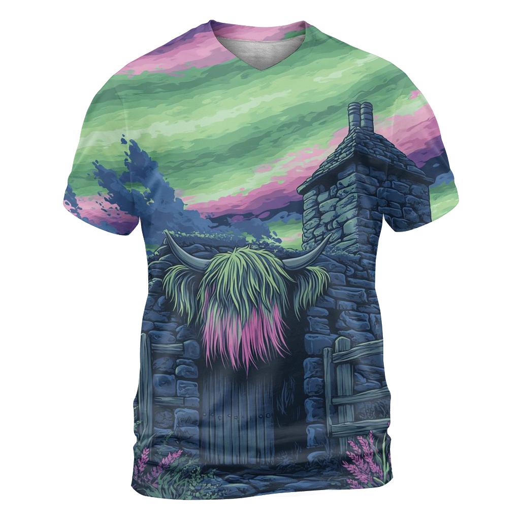 Aurora Dance Over The Rustic Highland Cow Byre unique graphic print tees
