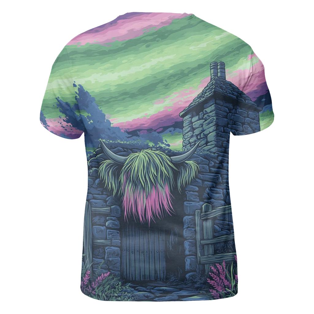 Aurora Dance Over The Rustic Highland Cow Byre unique graphic print tees