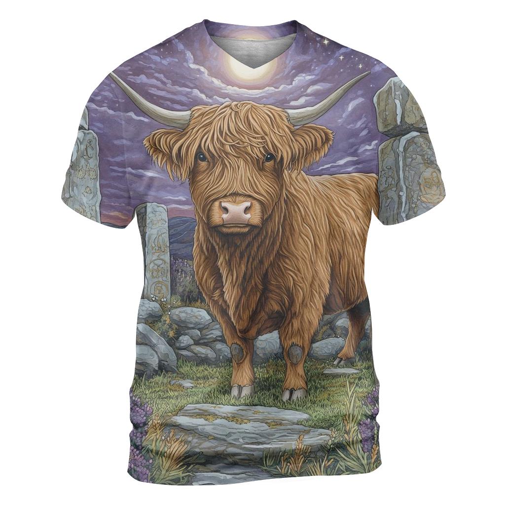 Stone Circle At Dusk With Highland Cow creative print fashion shirts