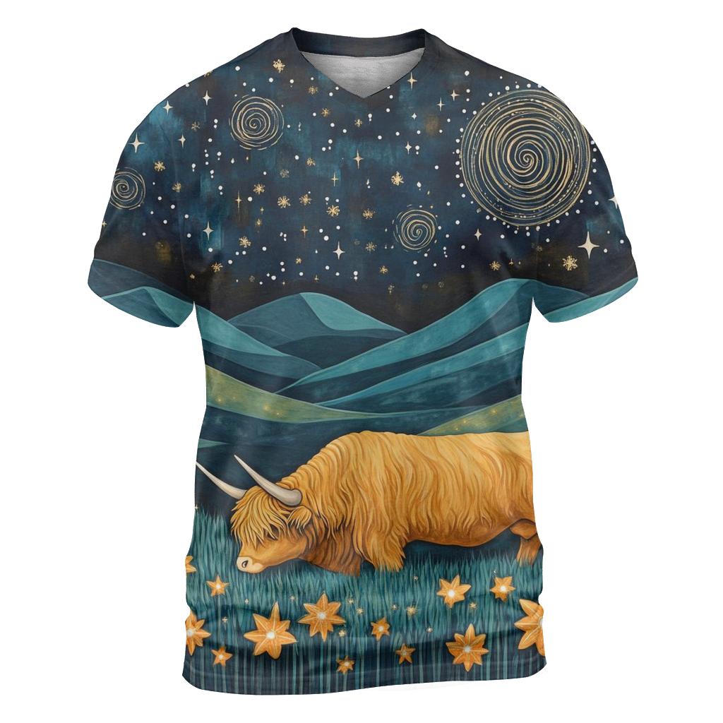 Celestial Pasture Highland Cow Edition vibrant all-over design tees