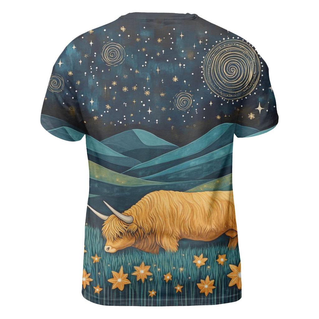 Celestial Pasture Highland Cow Edition vibrant all-over design tees