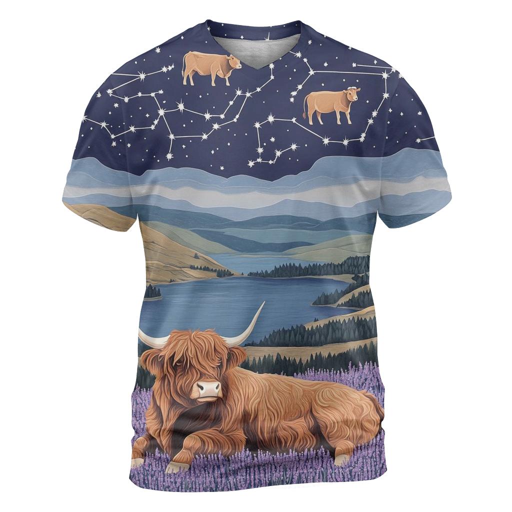 Heather Ridge With Highland Cow Constellations unique graphic print tees