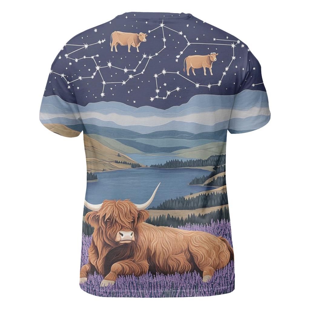 Heather Ridge With Highland Cow Constellations unique graphic print tees