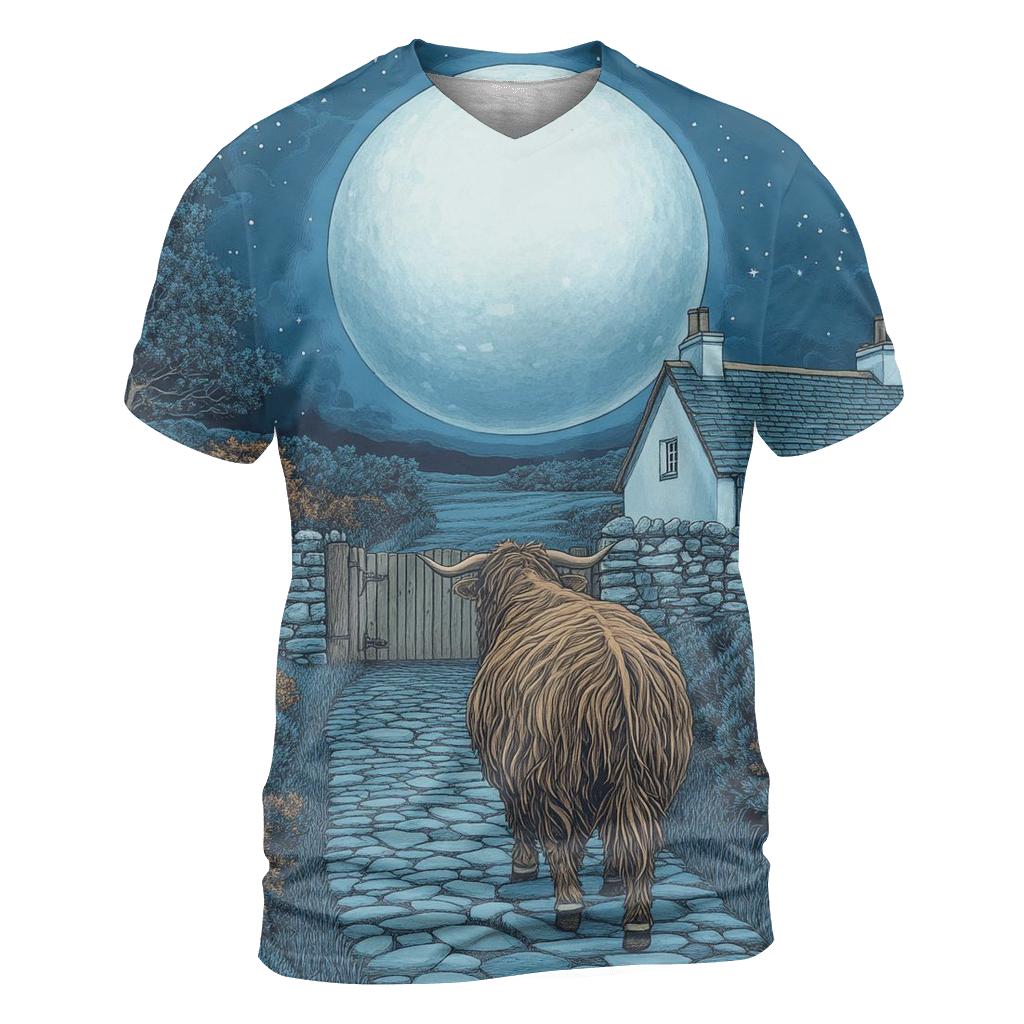 Moonlit Croft Path Highland Cow statement graphic shirts