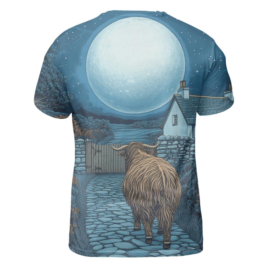 Moonlit Croft Path Highland Cow statement graphic shirts