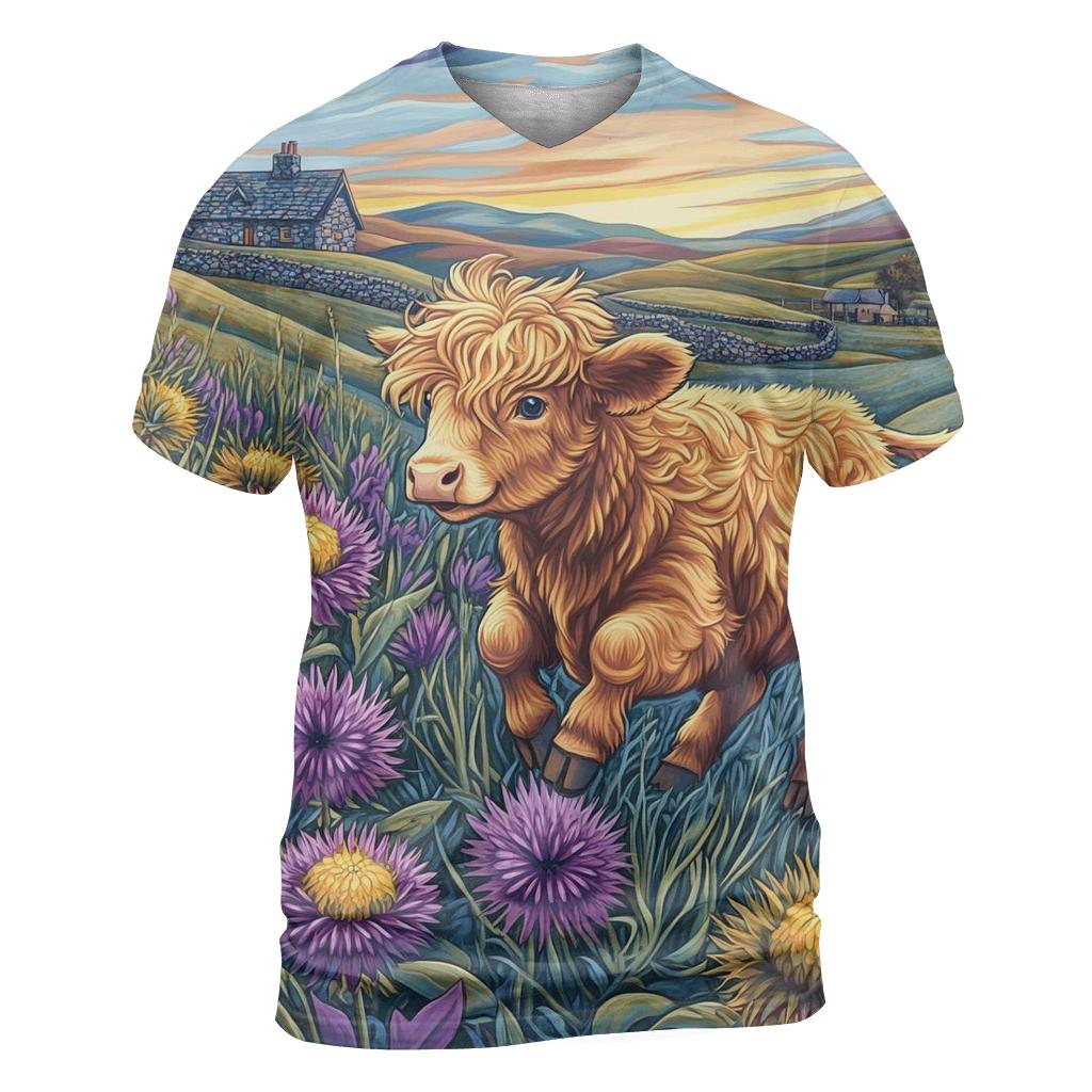 Highland Cow Among The Comet Thistles vibrant all-over design tees