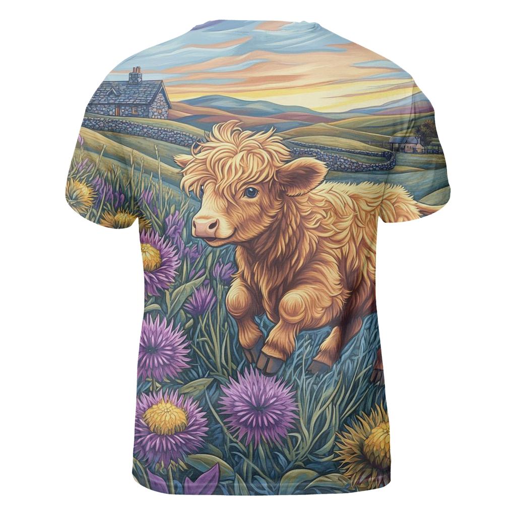 Highland Cow Among The Comet Thistles vibrant all-over design tees