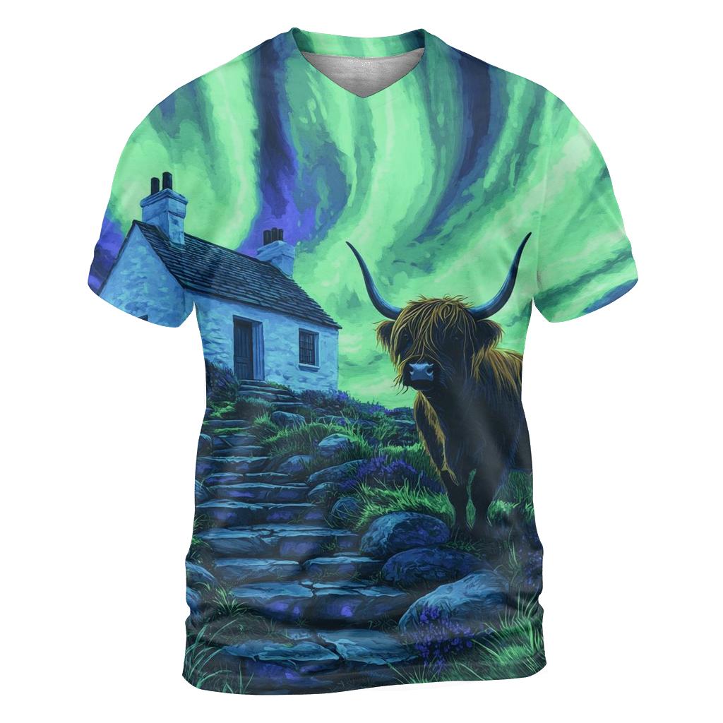 Northern Lights Cottage With Highland Cow Guard artistic all-over print tops
