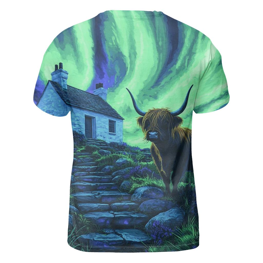 Northern Lights Cottage With Highland Cow Guard artistic all-over print tops