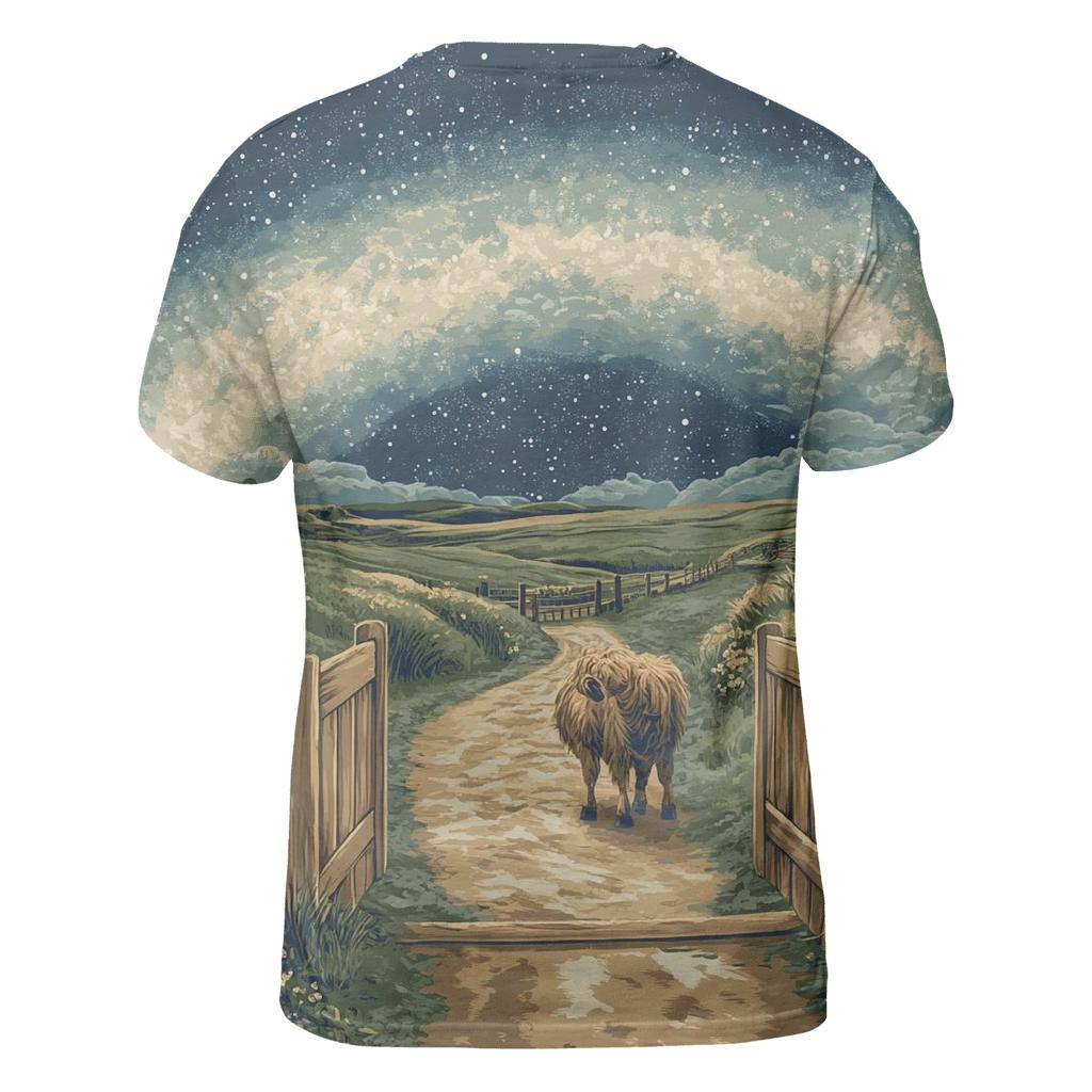 Highland Cow At The Milky Way Gate creative print fashion shirts