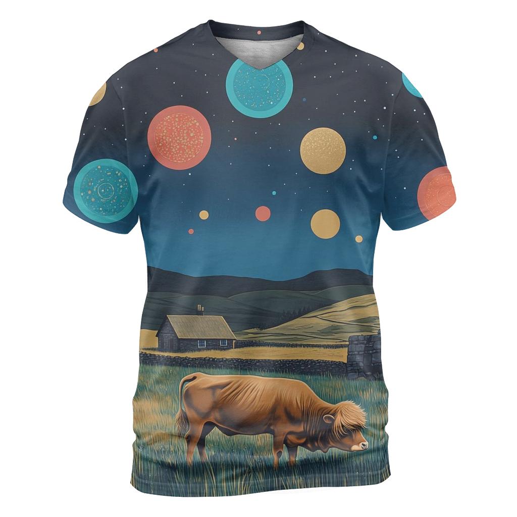 Planetary Meadow With Highland Cow Grazing trendy printed shirt styles